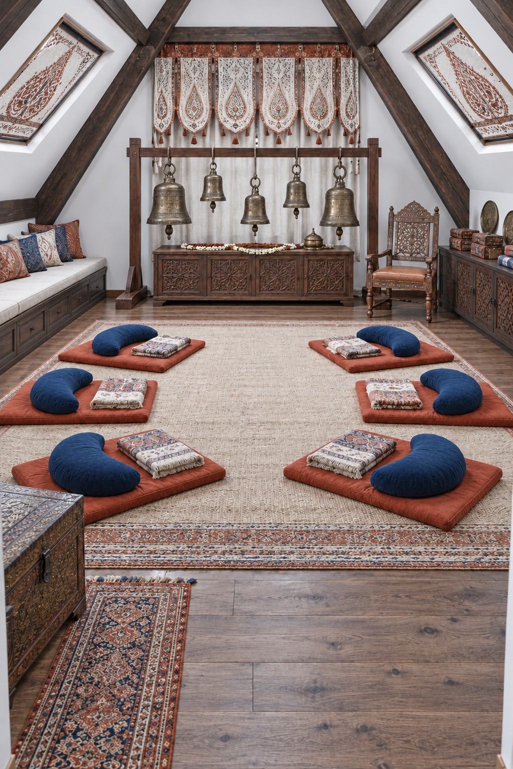 Navy crescent cushions on rust colored mats facing a wooden frame with hanging metal bells