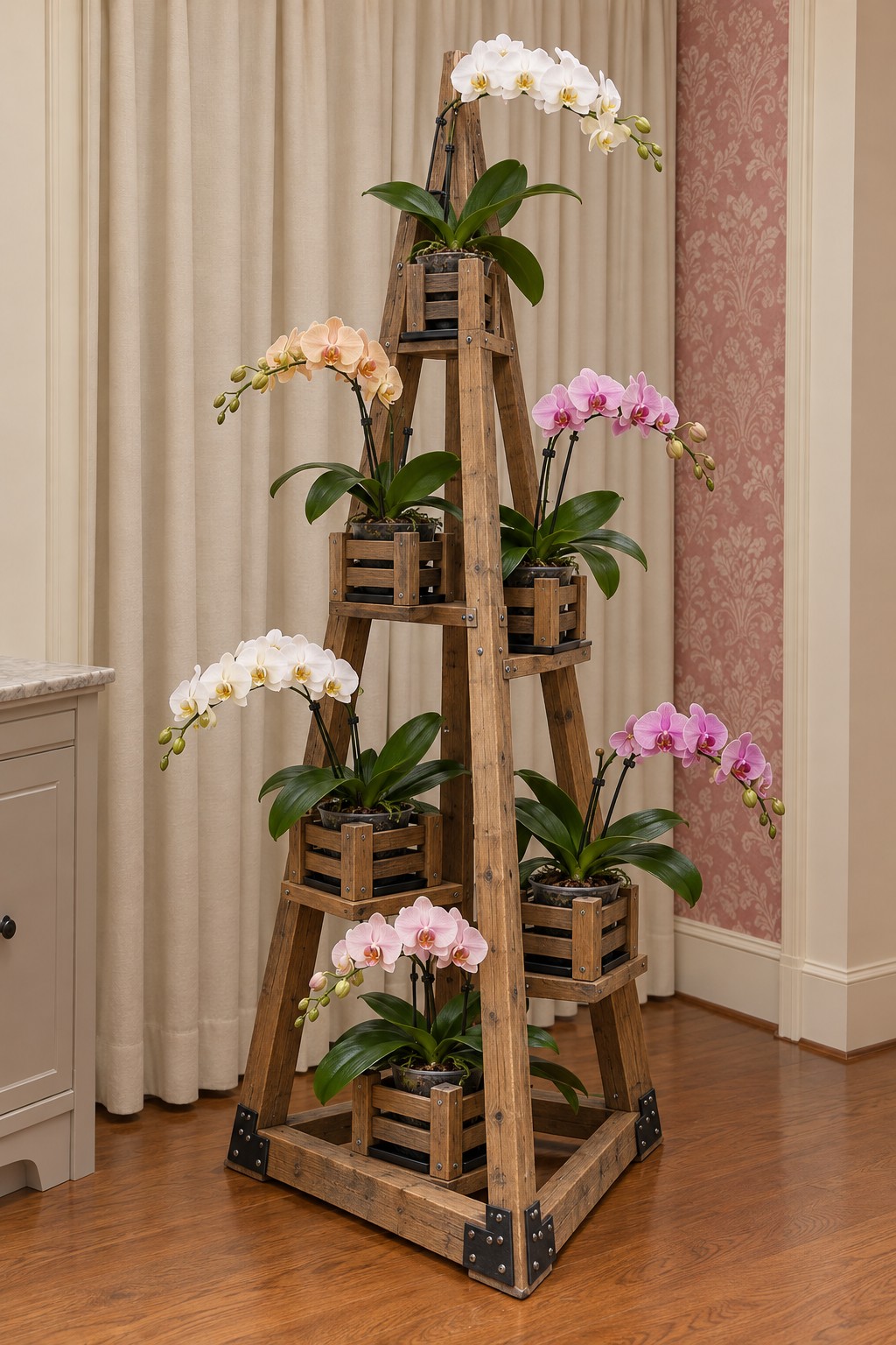 Wooden pyramid frame with six slatted orchid holders and black metal corner plates