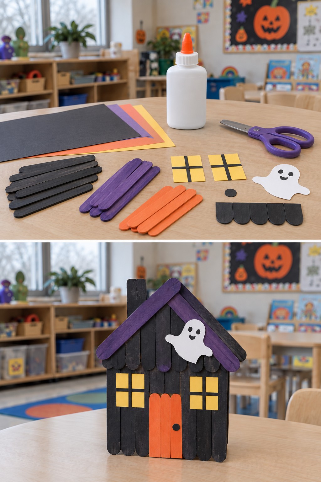 Painted sticks and paper windows above a black haunted house with a purple roof and orange door
