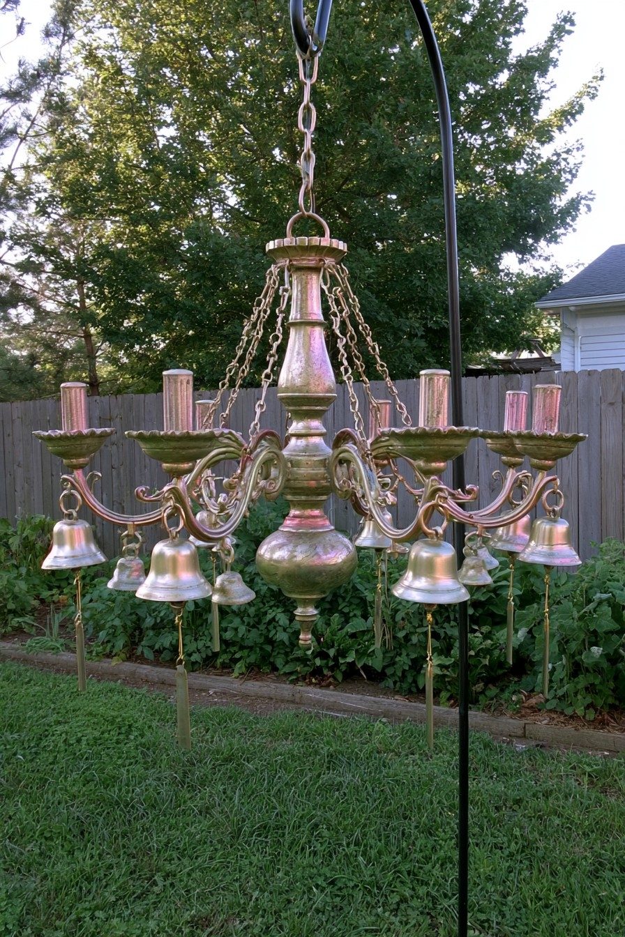 Brass chandelier with hanging bells used as a wind chime on a shepherd's hook in a backyard