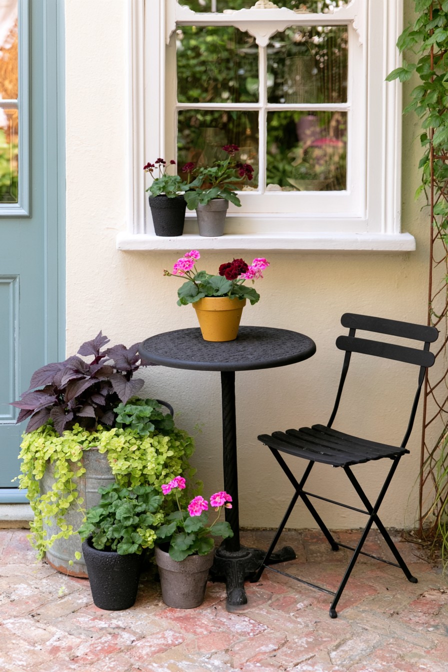 Gothic container garden with black bistro furniture