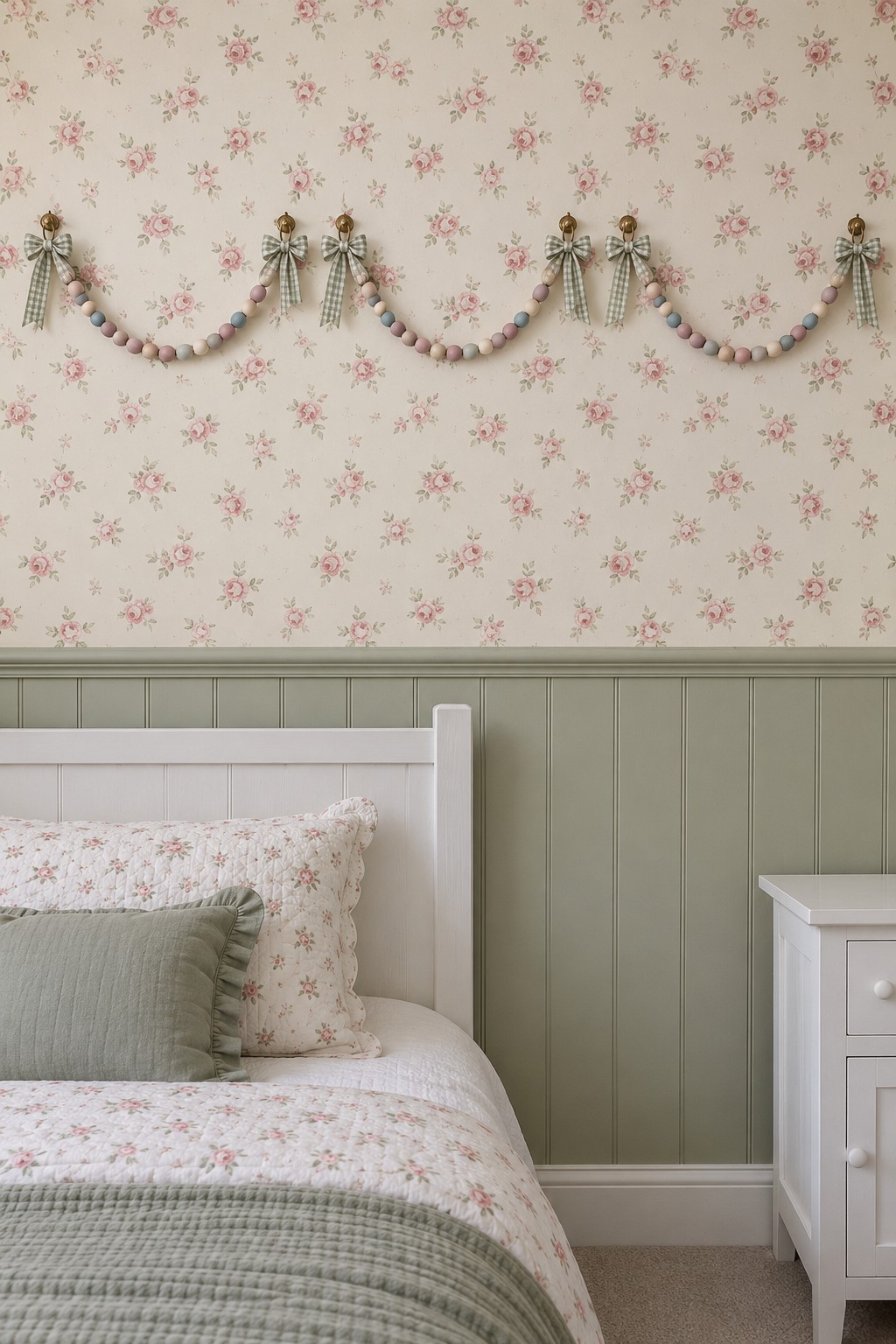 Pastel wooden bead swags with sage gingham bows over floral wallpaper and sage bedroom paneling