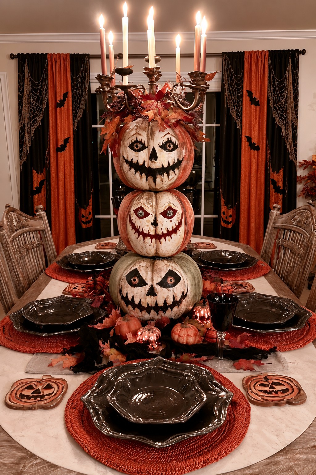 Three stacked jack-o’-lantern pumpkins above black plates and orange woven placemats