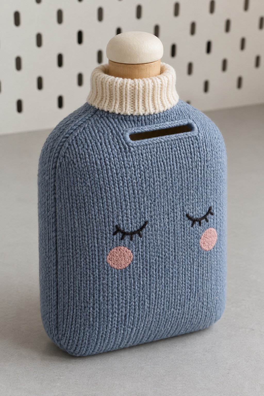 Bottle shaped coin bank wearing a blue knitted cover with cream ribbed collar and stitched sleepy face