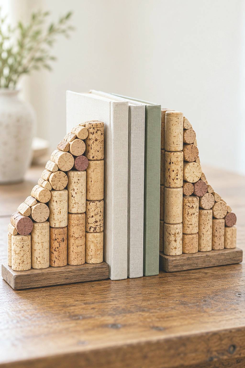 Cork clad bookends with sloping profiles beside books