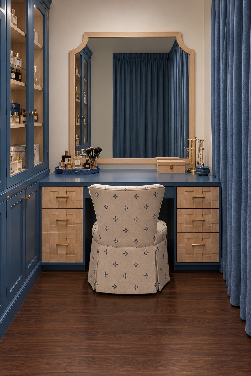 Blue dressing room with woven drawer fronts, shaped wood mirror frame, patterned slipcovered chair, and blue curtains