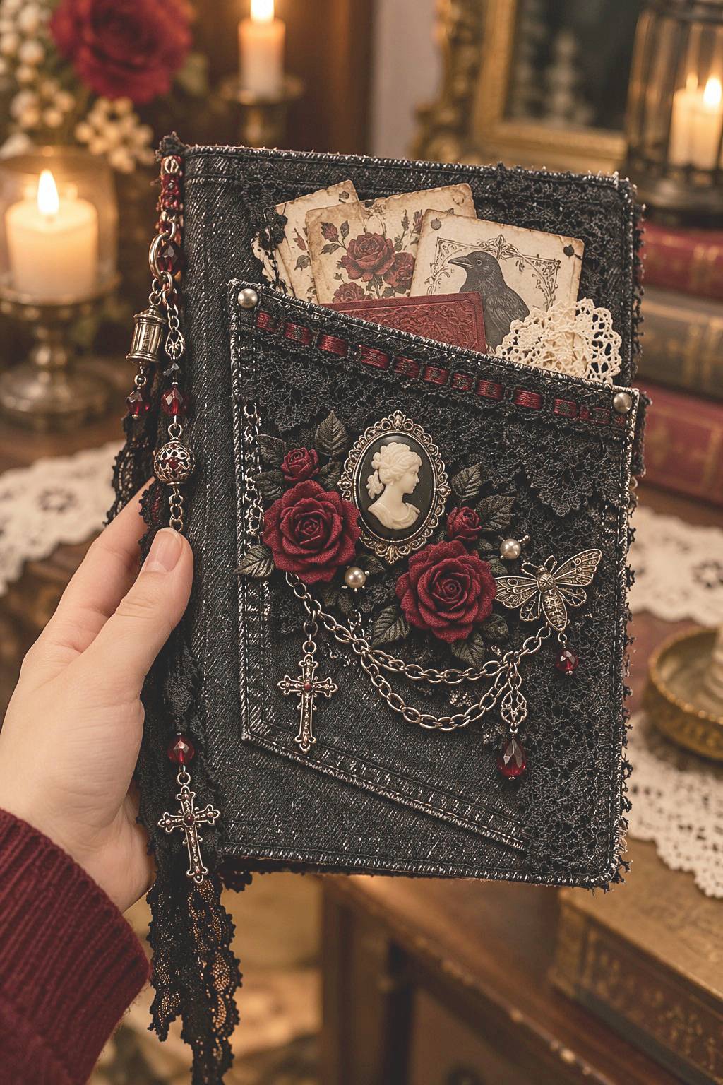 Black gothic fabric sketchbook sleeve with a front card pocket, cameo, burgundy roses, and chains