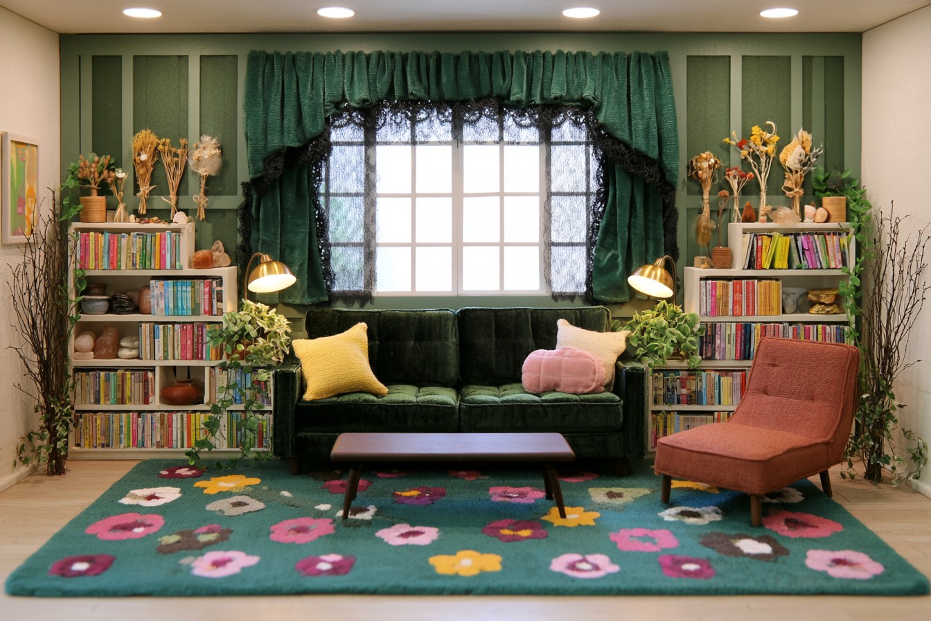 Dark green sofa between two light wood bookcases, with a rust chair, green drapes, brass lamps, and a floral rug
