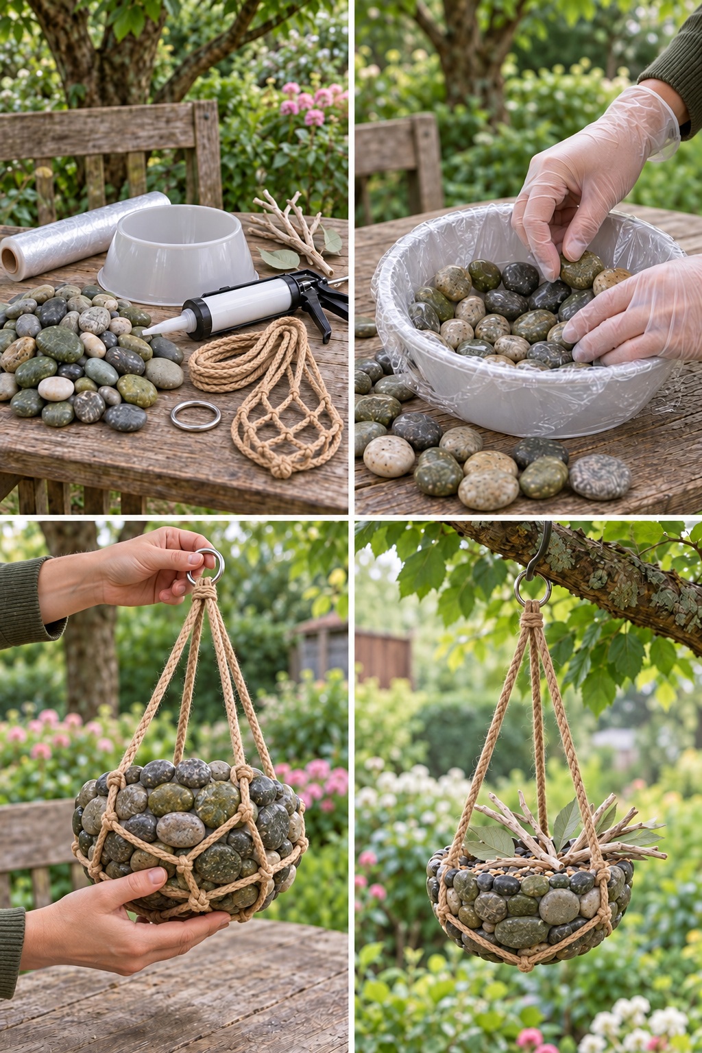 Four panels showing a pebble bowl fitted into a separate knotted net crossing beneath its base, displayed with lightweight decorative twigs and leaves