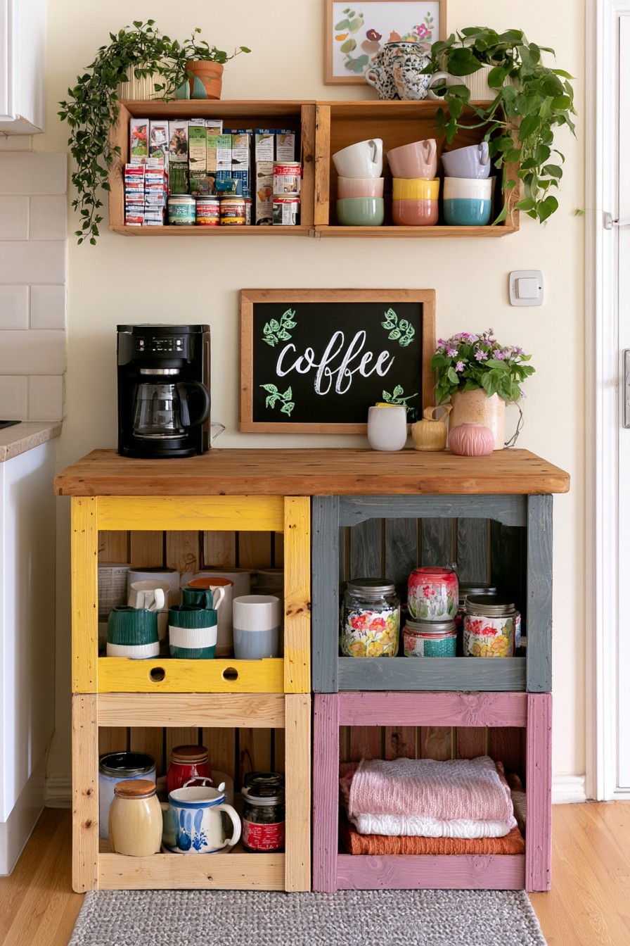 Coffee station with wooden crate storage for mugs and supplies