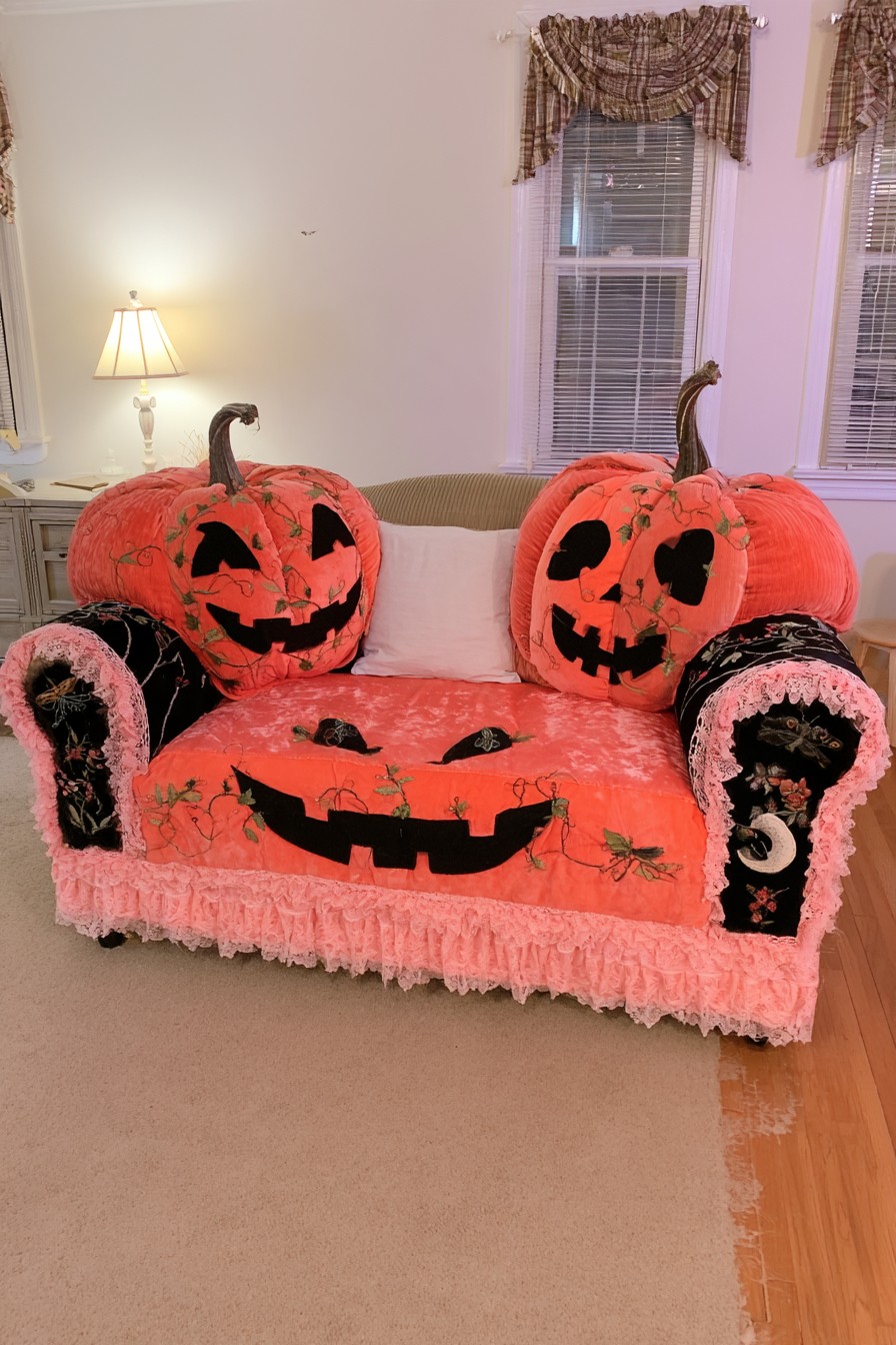 Coral loveseat with two large pumpkin back cushions, floral black arms, and pink lace