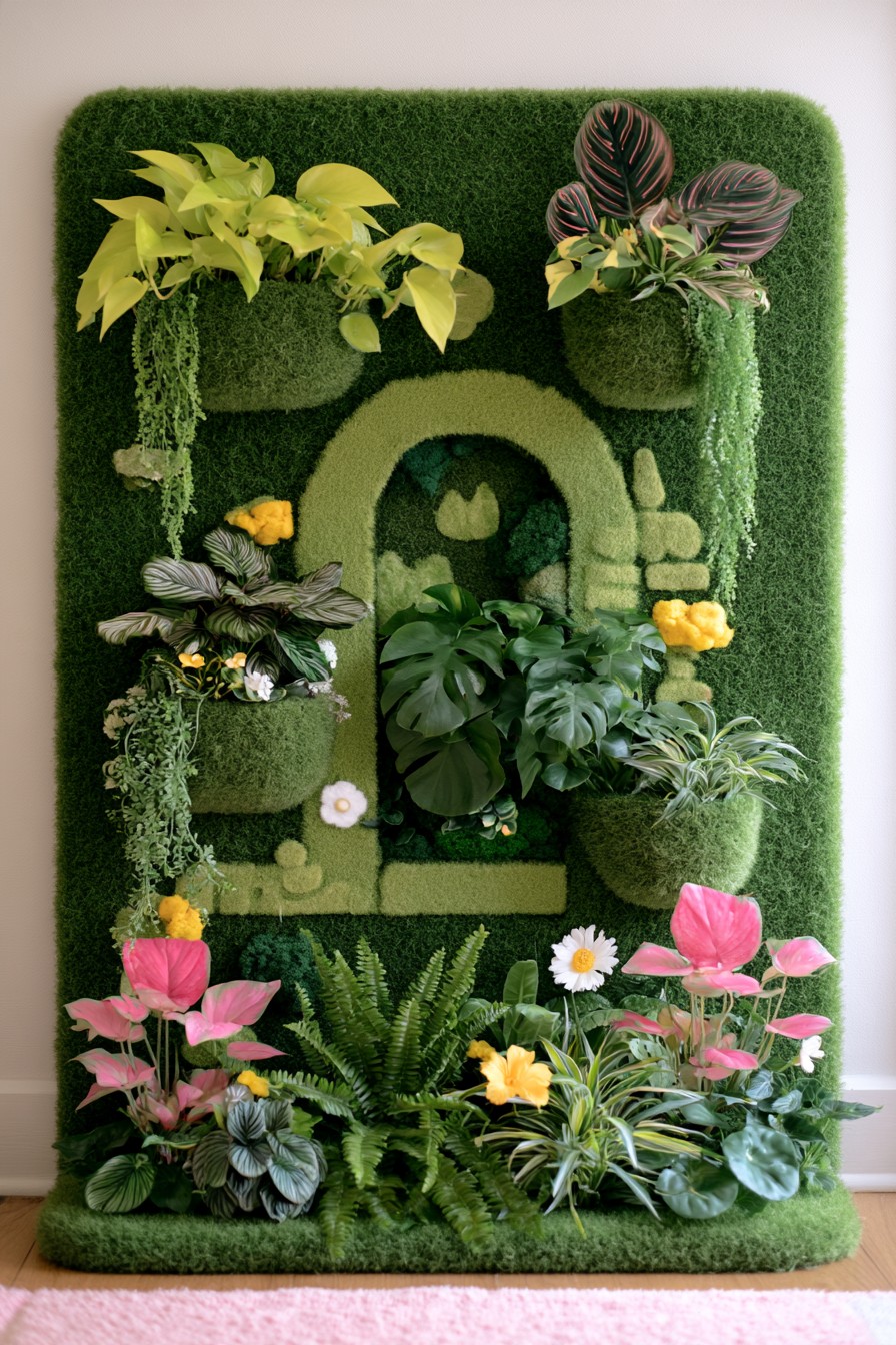 Deep green textured panel with rounded projecting pockets, an arched central recess, broad leaves, and fern shaped foliage