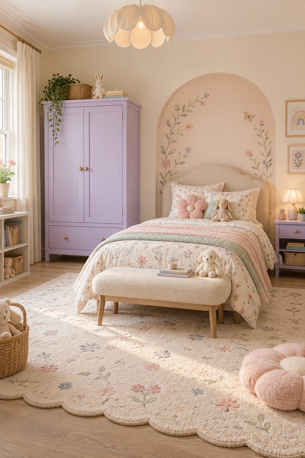 Lavender wardrobe and bedside table beside a cream upholstered bed with a painted floral wall arch