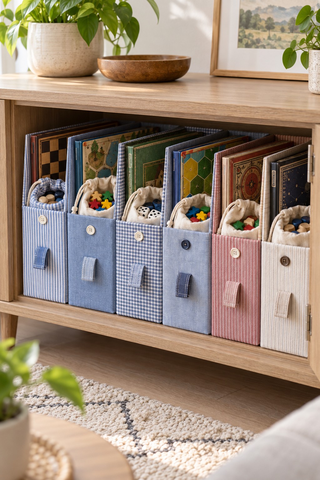 Six fabric covered cardboard cereal box files in blue lavender pink and cream holding books and small craft supplies on a shelf