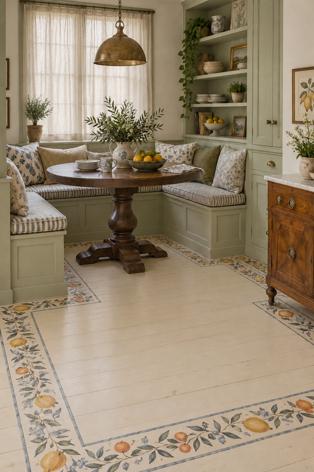 Pale breakfast nook floor edged with a narrow border of lemons, orange fruit, small flowers, and green leaves
