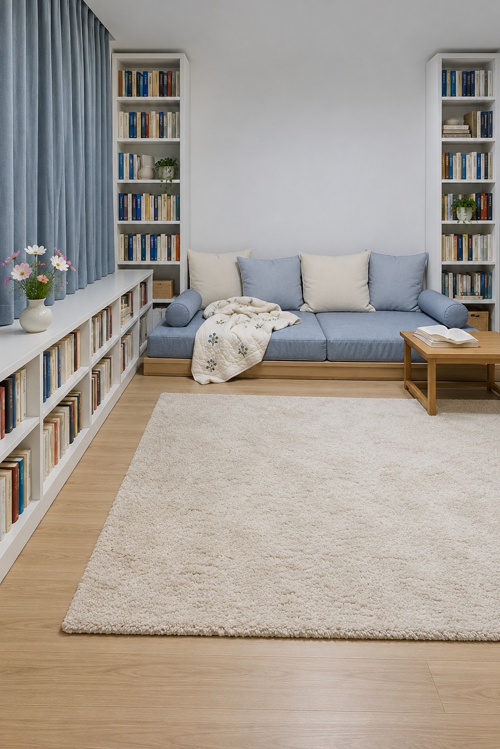 Low blue platform sofa between slim white book towers with low side shelving, blue curtains and a pale rug