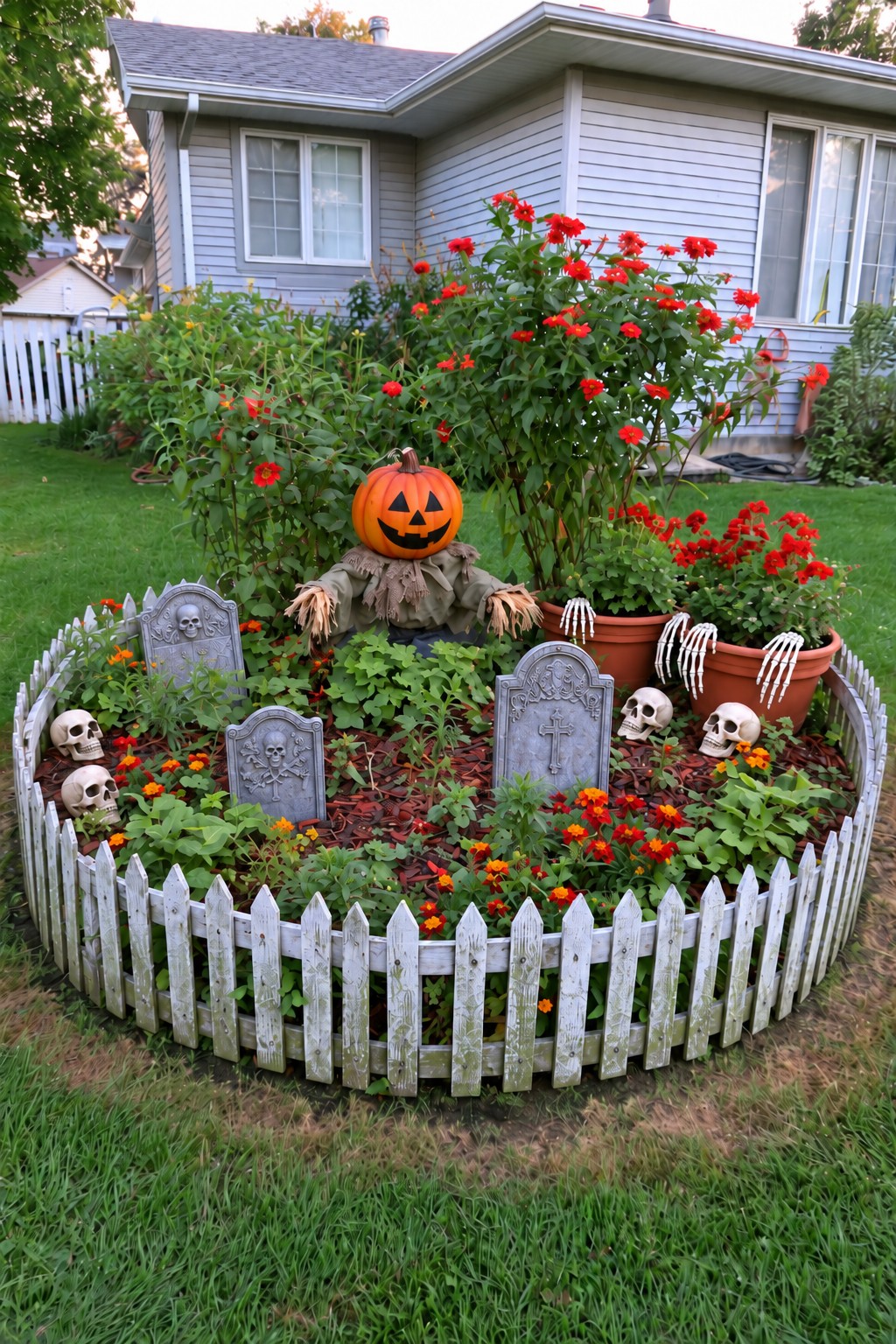 Small pumpkin scarecrow and grave markers behind a white picket border with skull props and pots
