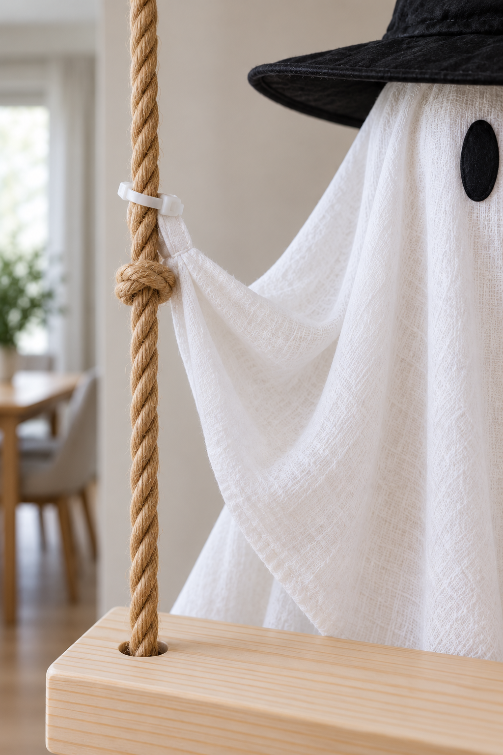 A sewn fabric loop loosely attached to a tan swing rope with a white cable tie above a stopper knot.