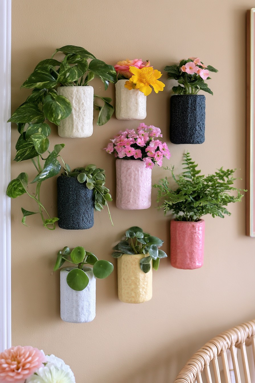 Small cream, charcoal, pink, and yellow cylindrical wall holders with trailing leaves, compact plants, and flowers