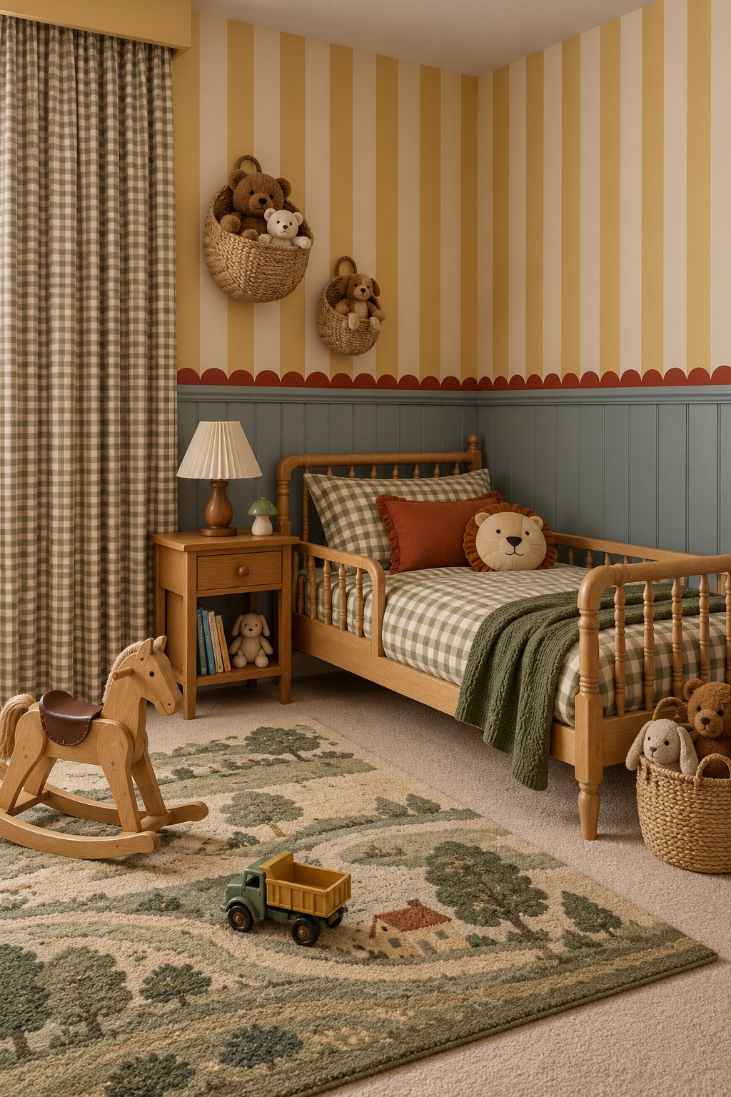 Timber spindle bed with green gingham bedding, striped yellow walls, blue gray paneling, teddy baskets, and a rocking horse
