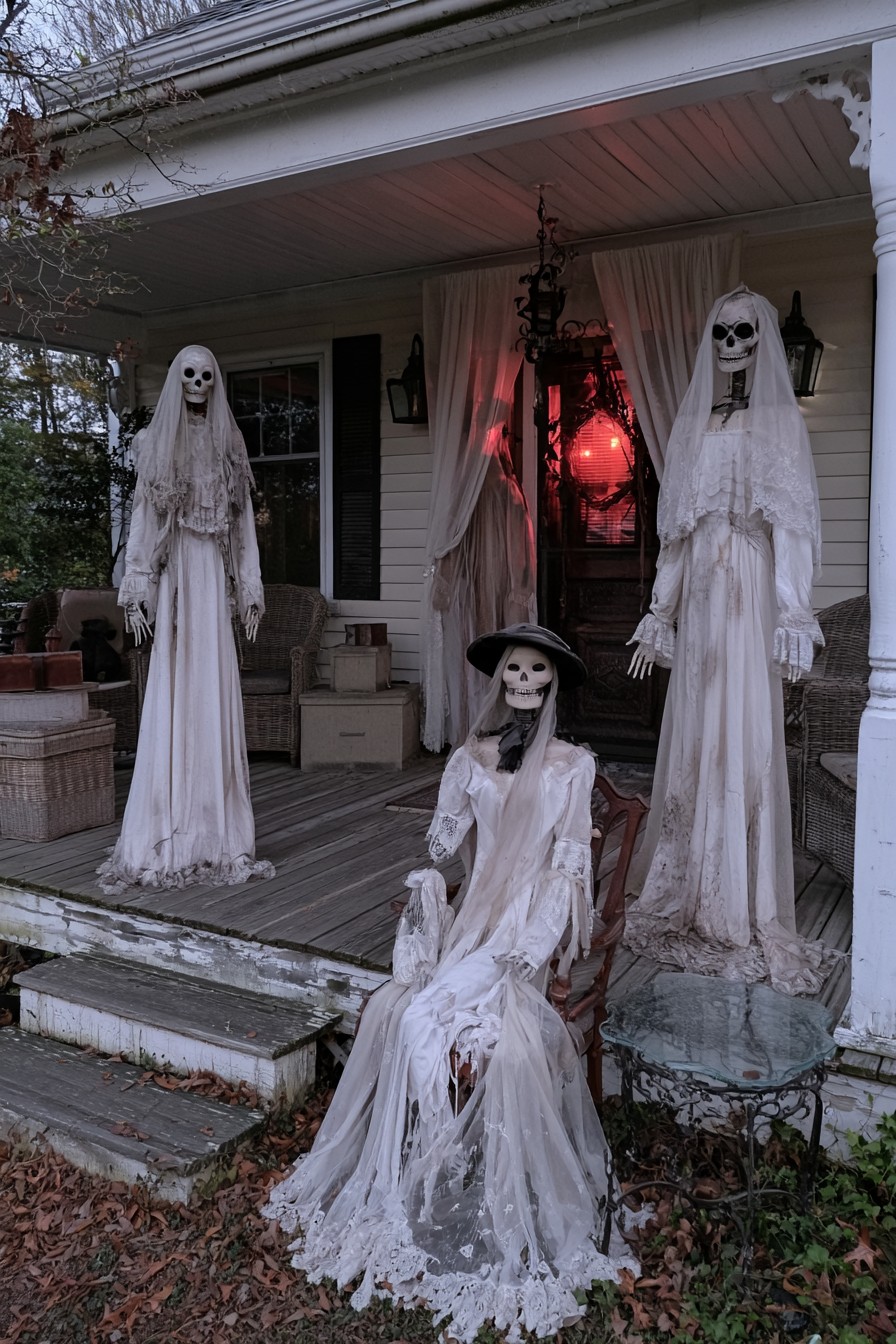 Two standing skeleton figures and one seated figure dressed in long ivory gowns on a porch