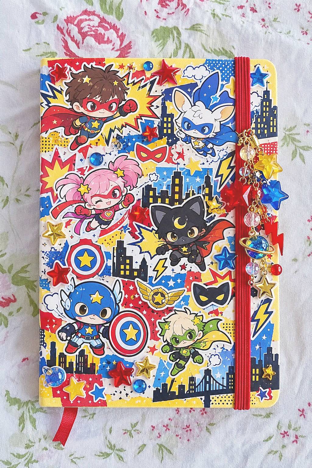 Bright comic themed sketchbook cover with cartoon characters, lightning shapes, and bold graphic symbols