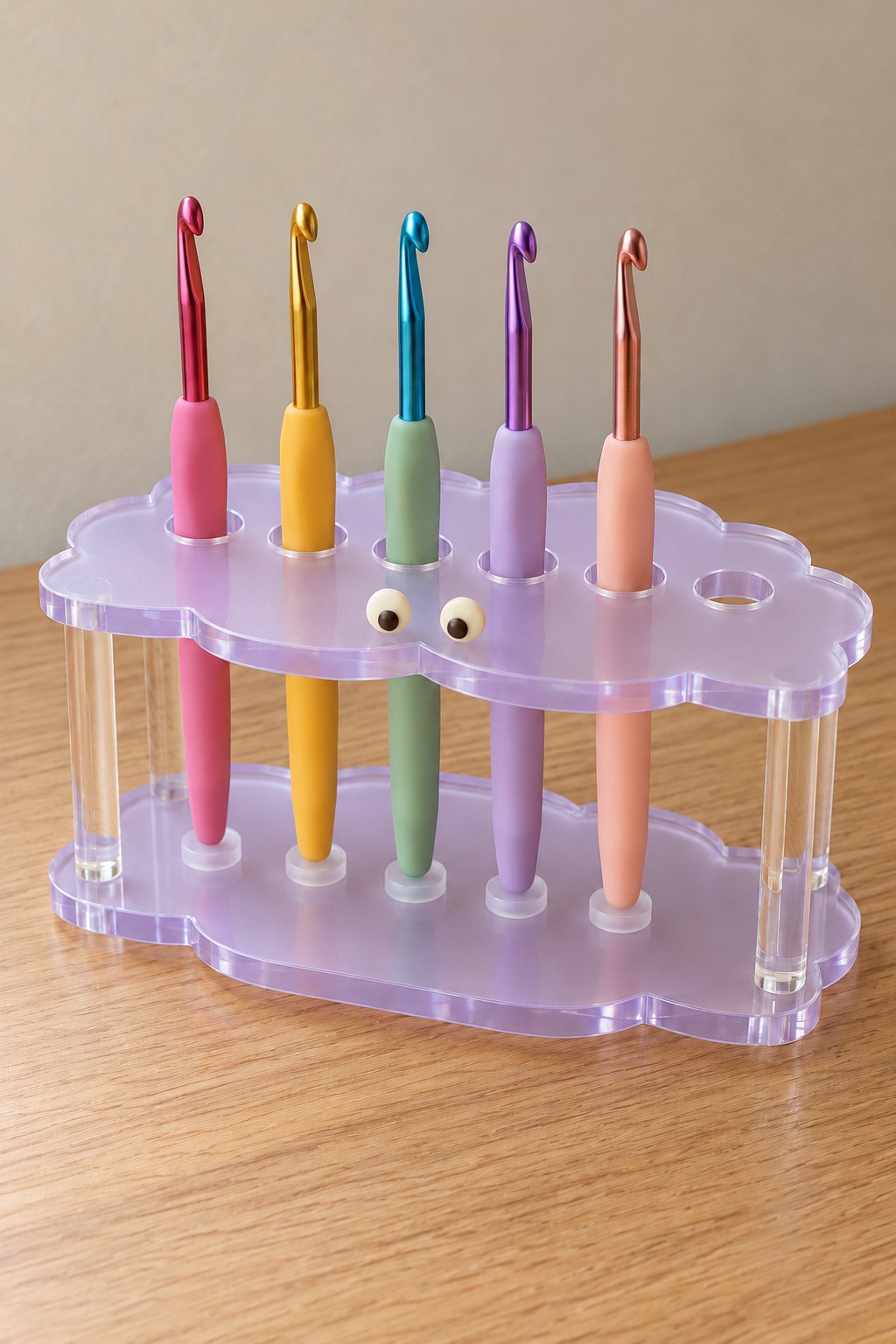 Lilac cloud acrylic crochet hook rack with aligned holes and clear vertical supports