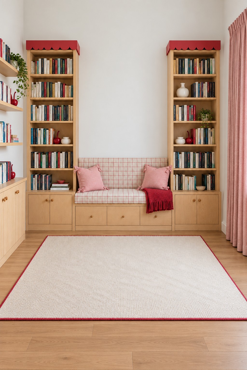 Two wood book towers with red scalloped crowns framing a pink gingham reading bench above cupboards