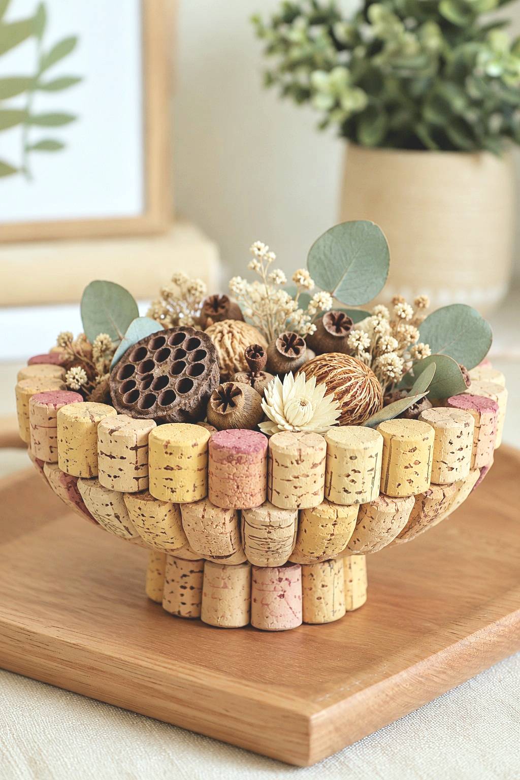 Curved cork bowl display with dry botanical fillers on a wood base