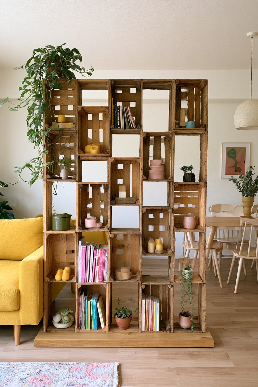 Open wooden crate divider separating living and dining areas