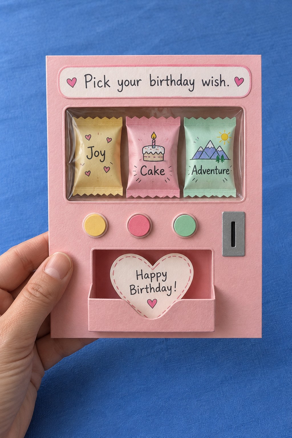 Pink paper vending machine card with three wish packets, colored buttons, and a heart in the lower pocket