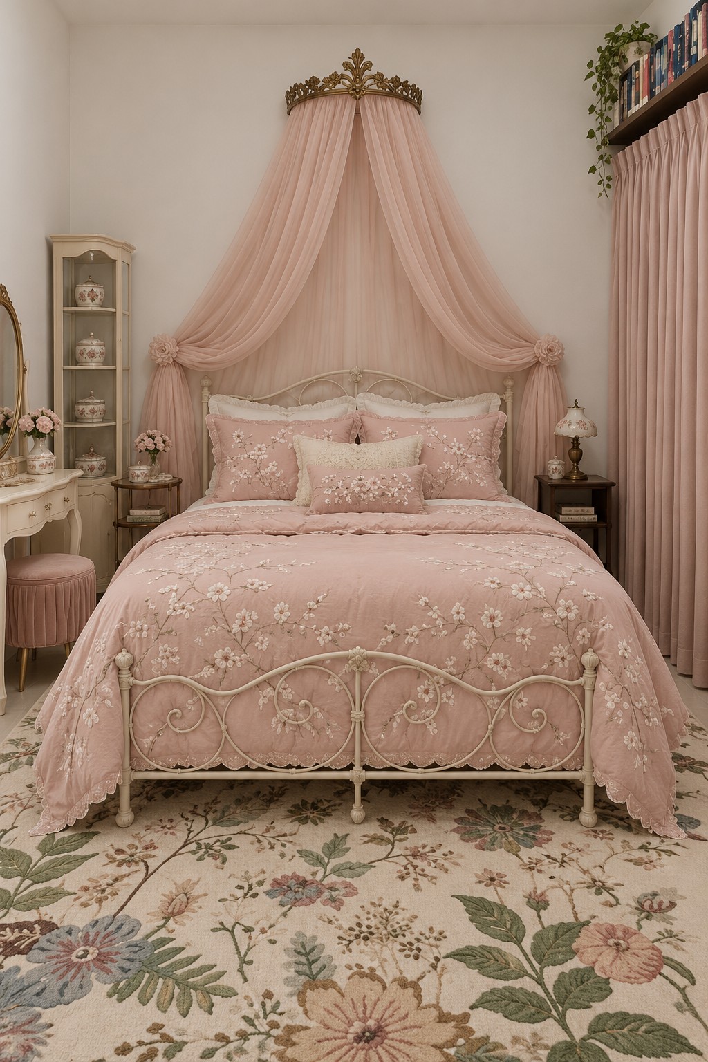 Blush bedroom with a crown canopy, ornate cream metal bed, floral bedding, and a slim display cabinet