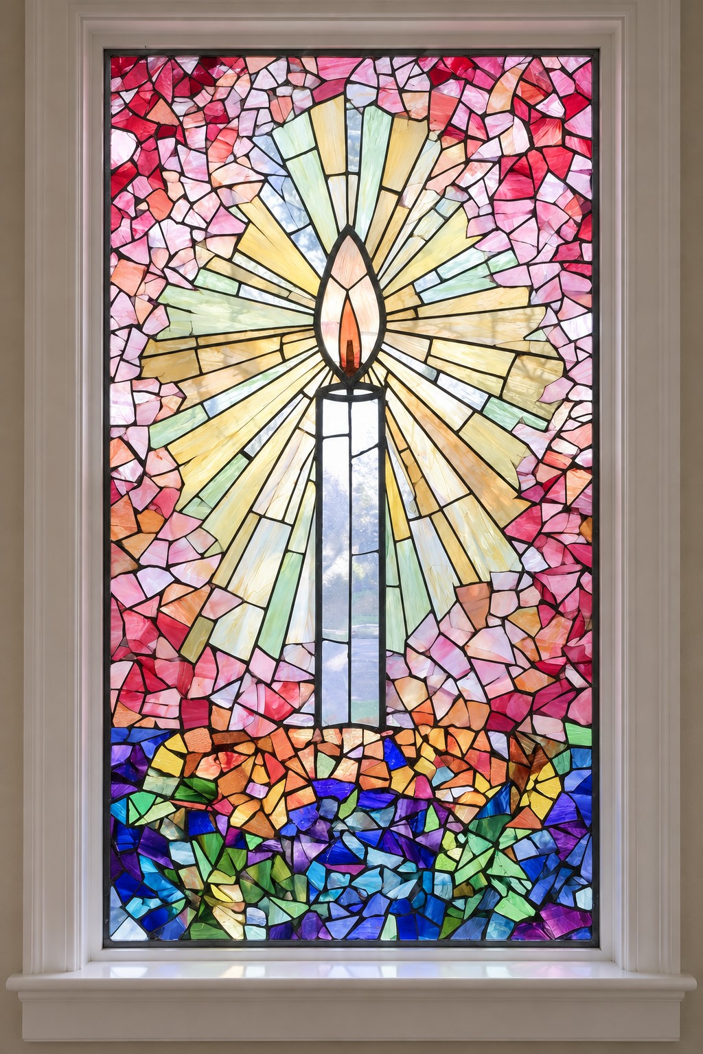 Tall pale candle with an orange flame, yellow rays, pink upper mosaic, and blue and green lower pieces