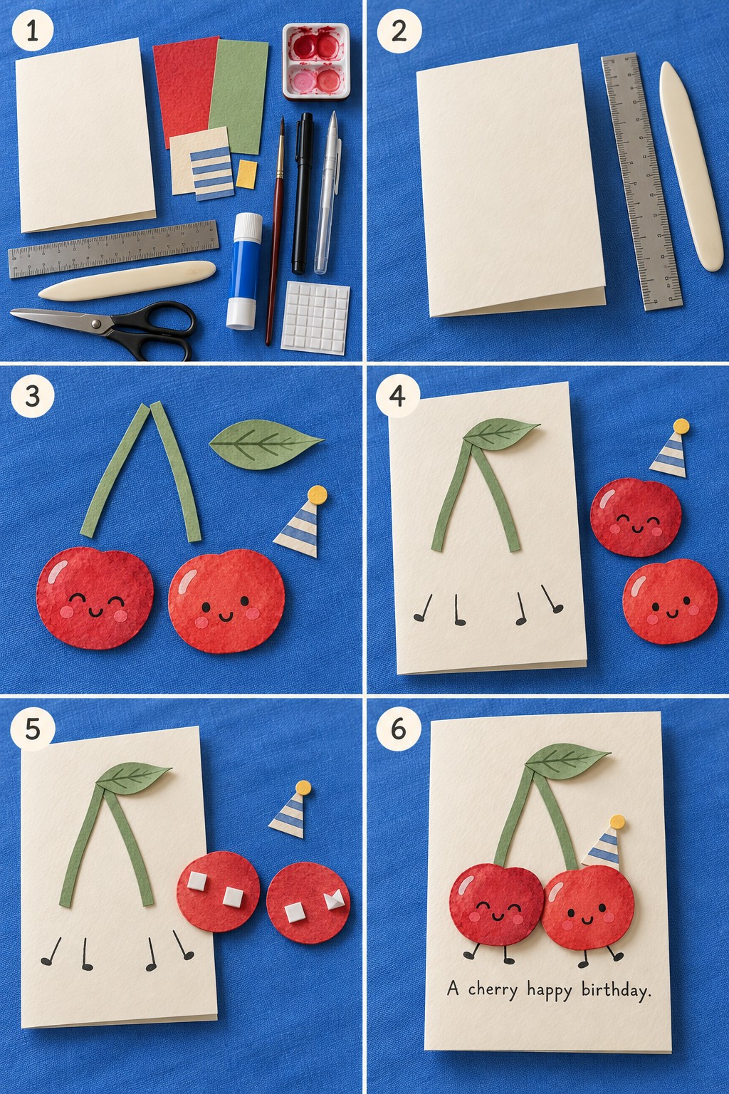 Six illustrated stages of making a cherry birthday card, from supplies and cut pieces to adhesive foam placement and the finished greeting