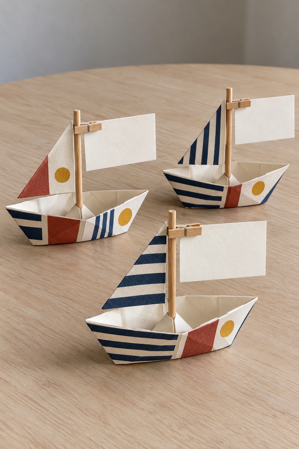 Three paper sailboat place card holders with striped hulls, triangular sails and blank flags