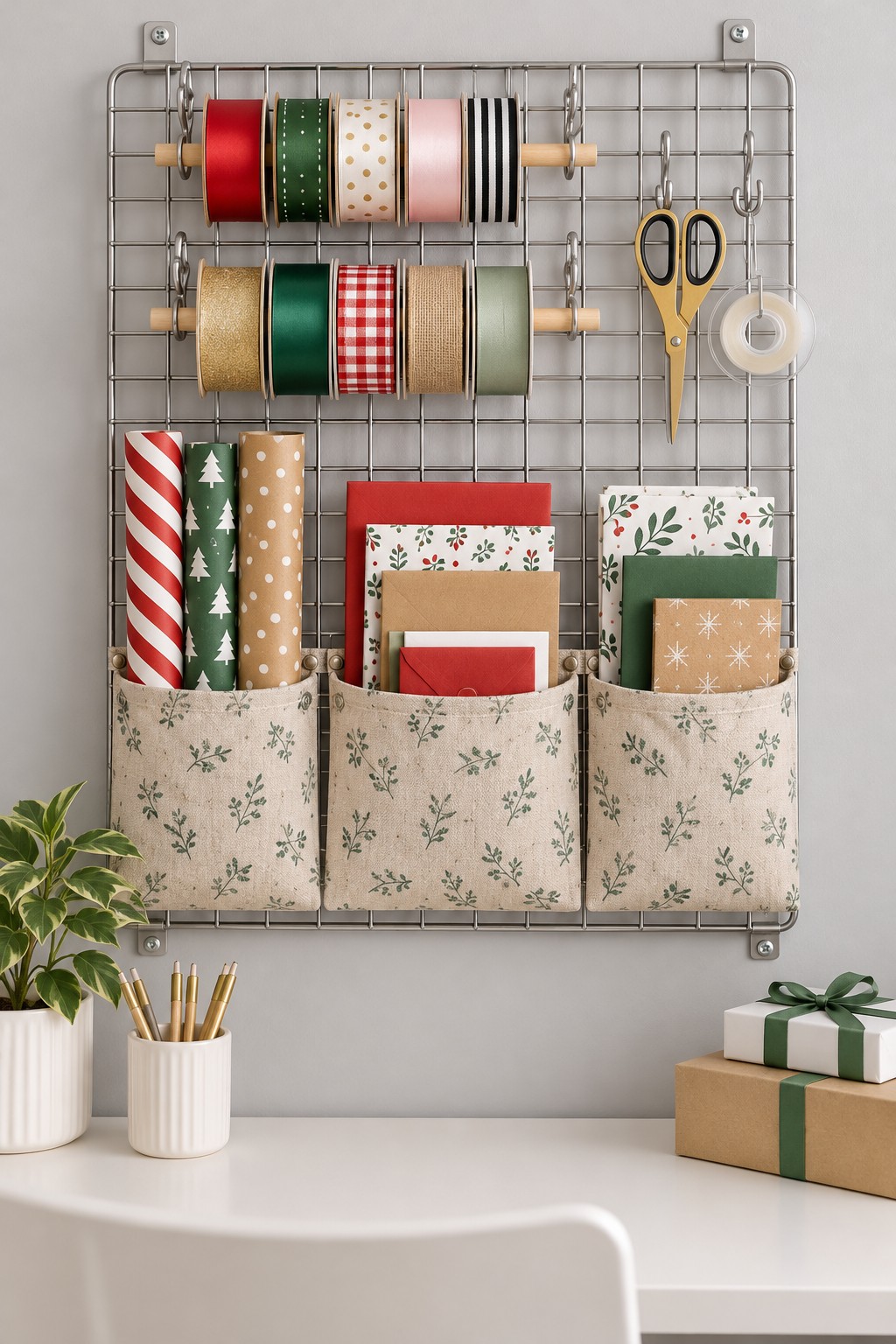 Reused rectangular wire rack mounted above a desk with ribbon spools wrapping paper rolls fabric pockets and scissors