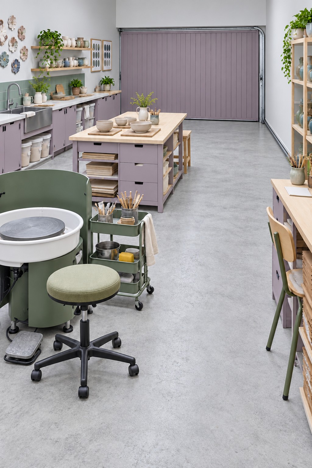 Lilac garage pottery studio with a green pottery wheel, central clay worktable, sink, and ceramic shelving