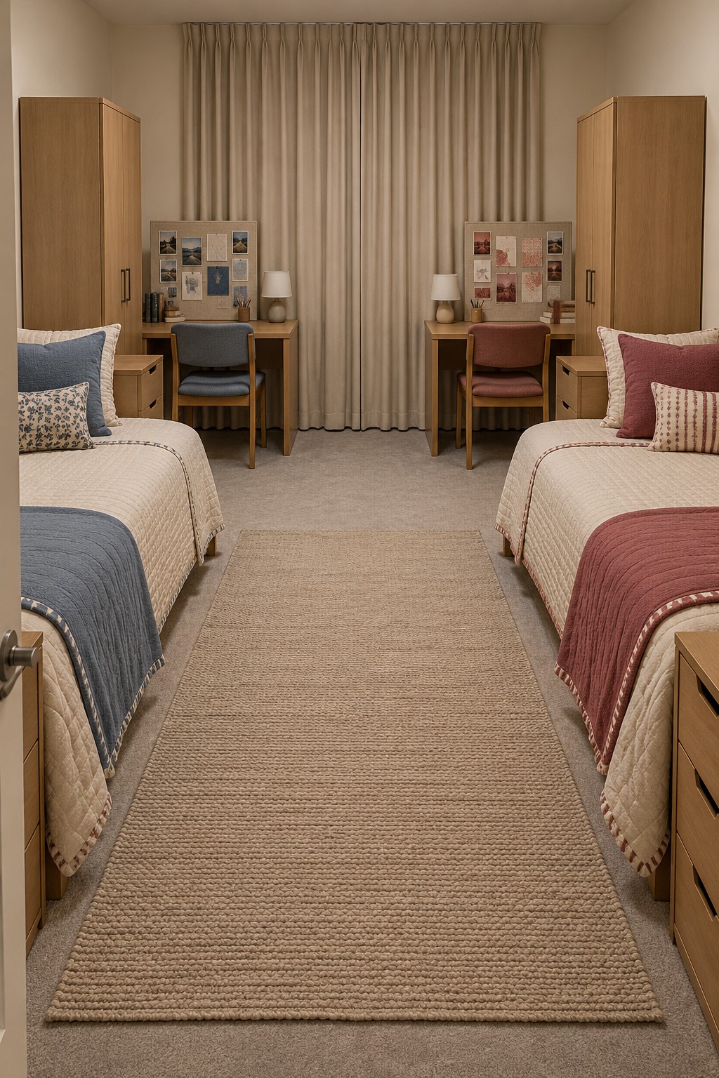 Two low beds in blue and burgundy with cream quilts, wooden wardrobes, and individual pinboard desks
