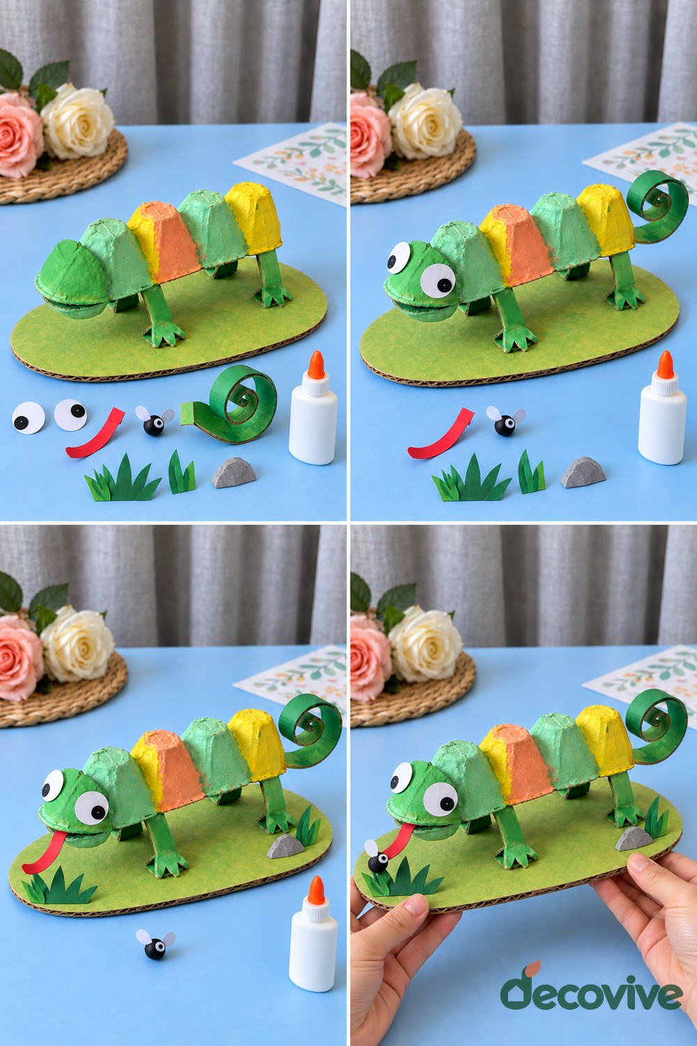 Making sequence for a egg carton chameleon with a curled tail