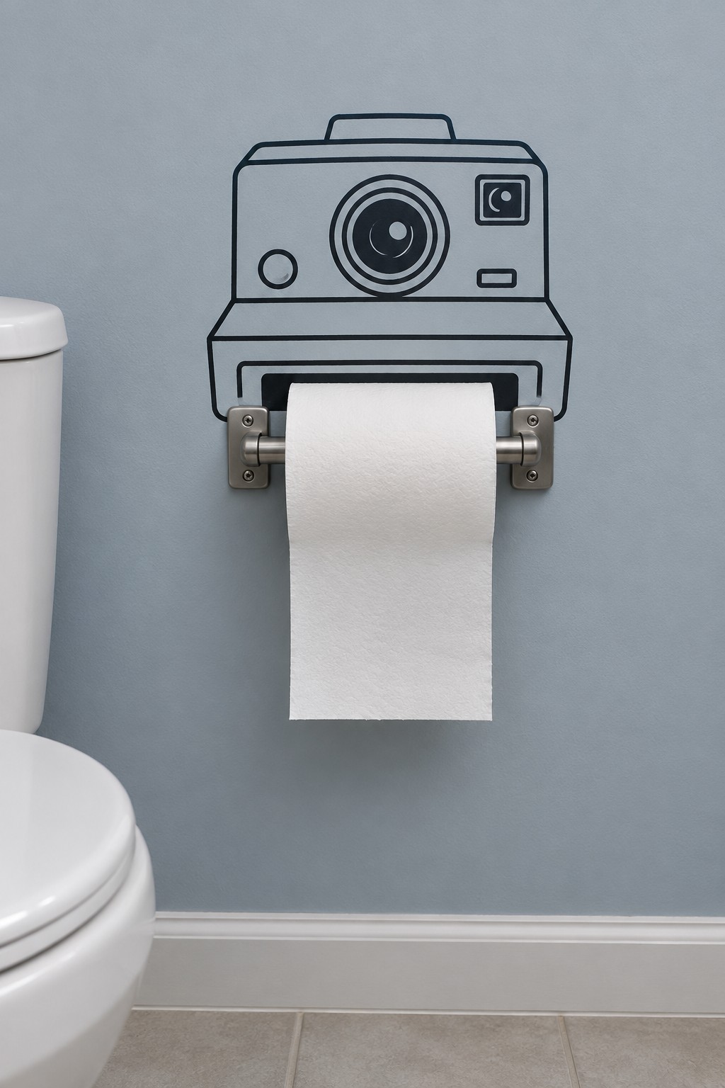 Toilet paper holder and hanging paper aligned with the output slot of a camera mural on a blue gray wall
