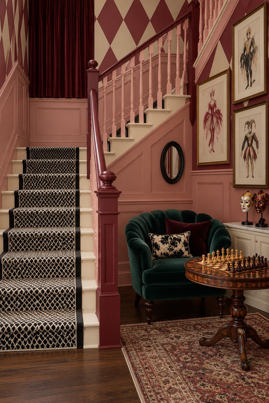 Rose painted staircase with a dark patterned runner, burgundy and cream harlequin walls, and a green chair