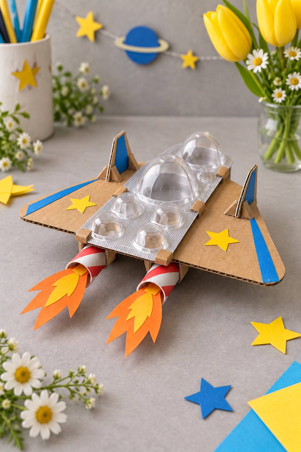 Cardboard space shuttle with clear domed packaging, blue tail fins, yellow stars, and two paper flame engines