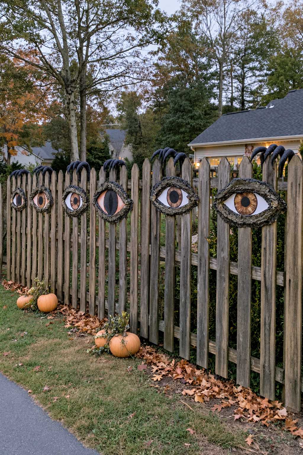 Wooden picket fence decorated with oversized eyes in textured frames and curved black claws