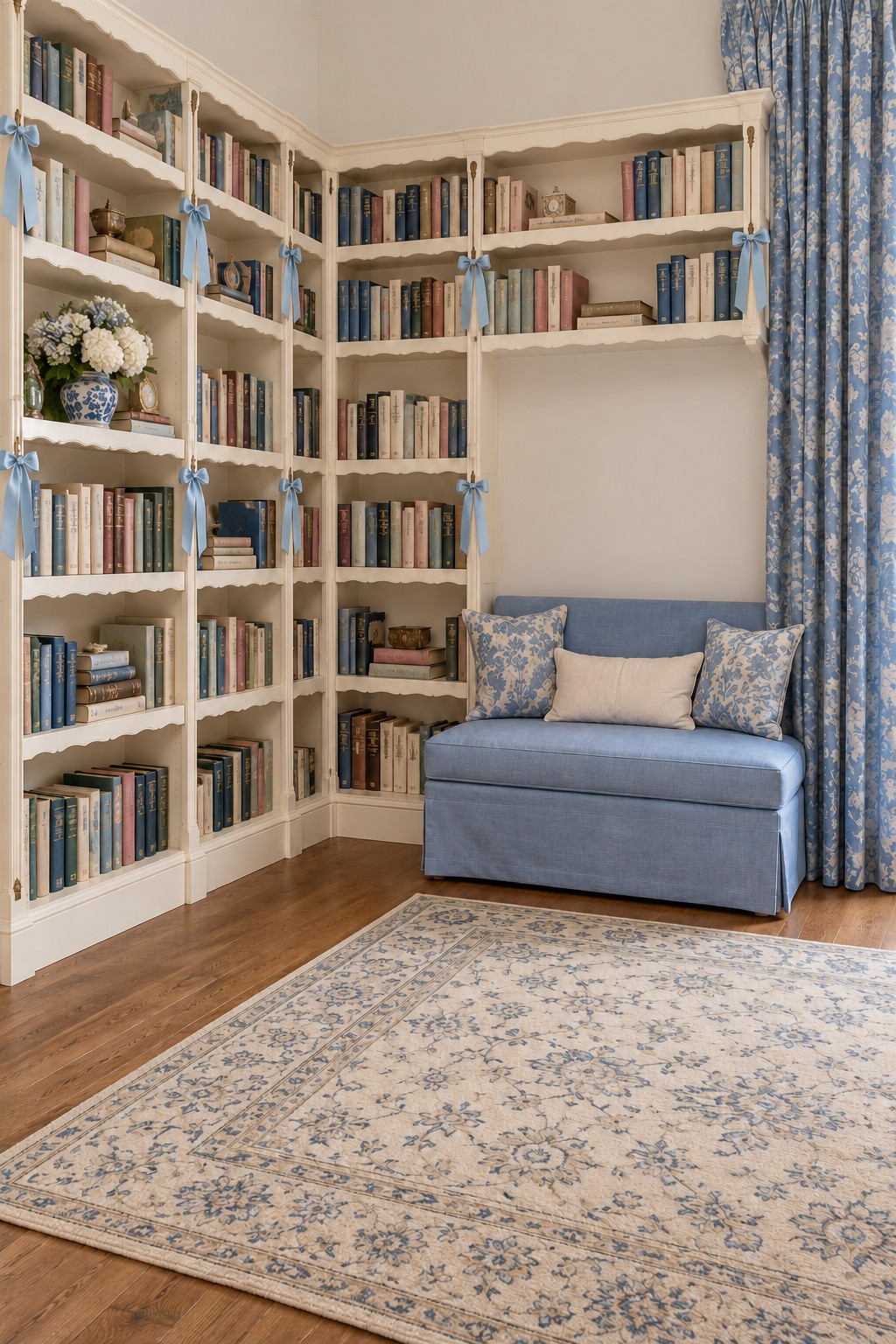 White corner bookcases with scalloped shelf edges and blue ribbon accents beside a blue reading seat and floral curtains