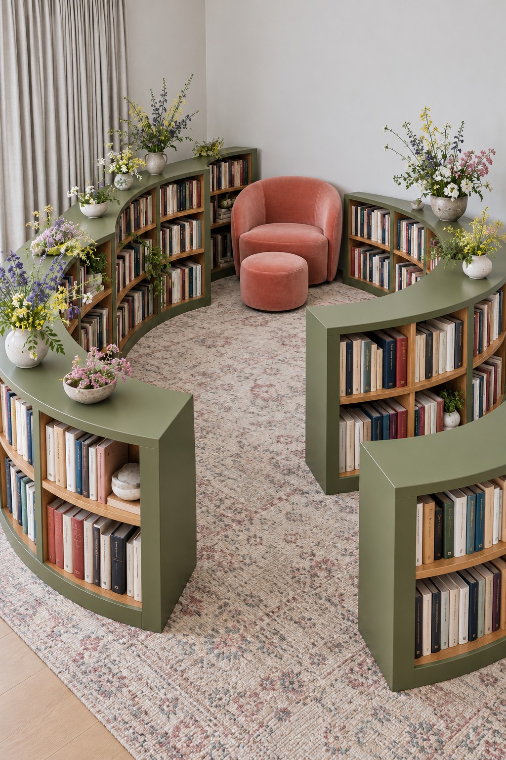 Curved sage green bookcases forming a winding reading area with a coral chair, matching ottoman and flower bowls