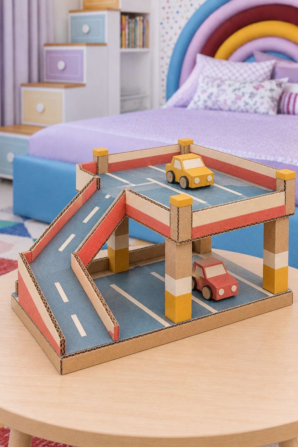 Two level cardboard parking garage with a blue driving surface, coral guardrails and two miniature cars