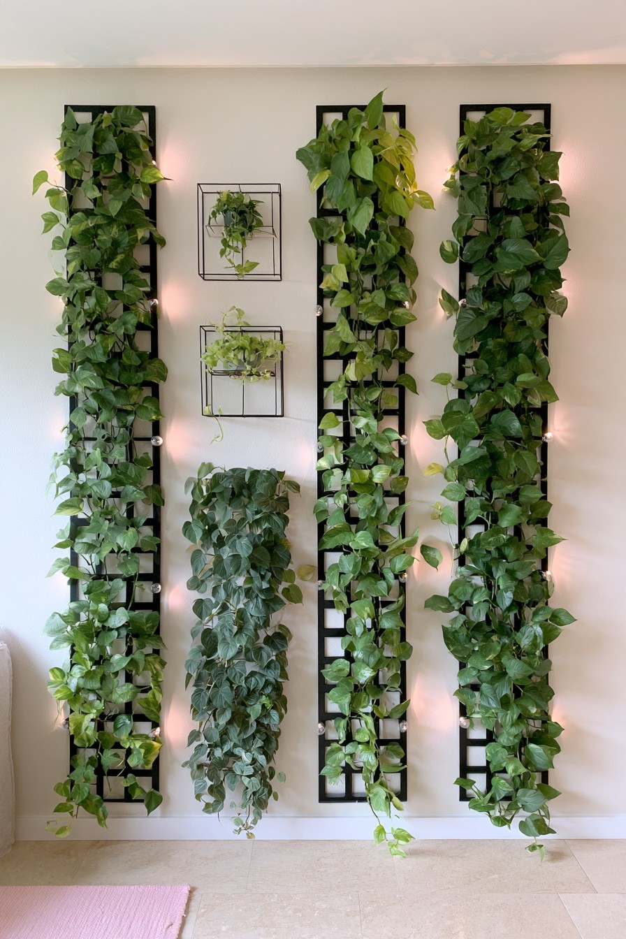Three narrow black trellises covered with green leaves, with smaller open plant grids between them