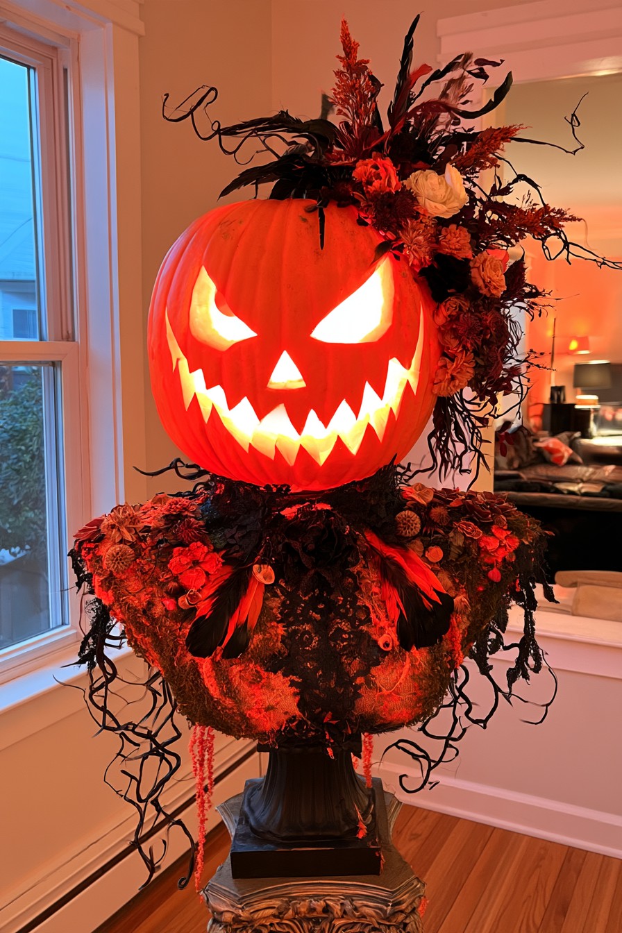 Glowing orange pumpkin above a dense arrangement of dark flowers and branches