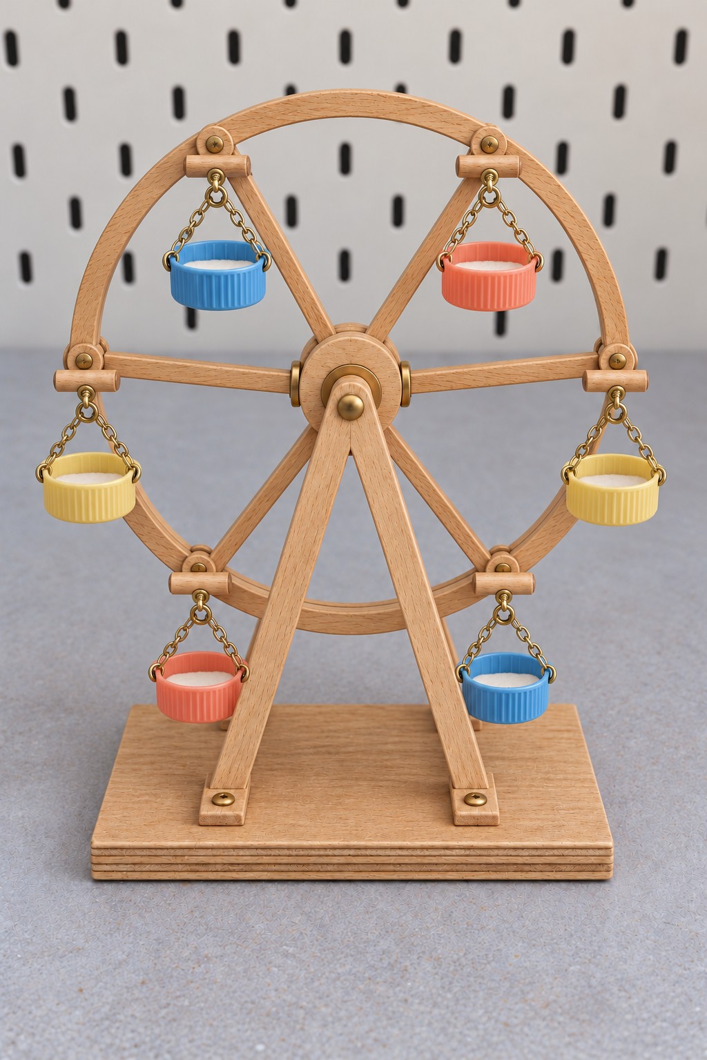 Wooden miniature Ferris wheel with six blue, coral, and yellow plastic cap gondolas hanging from short chains