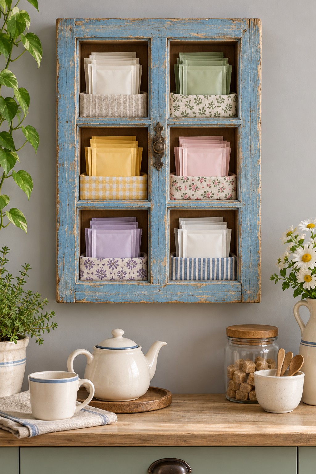 Reclaimed blue six pane window frame with six fabric pockets holding pastel tea packets above a kitchen counter